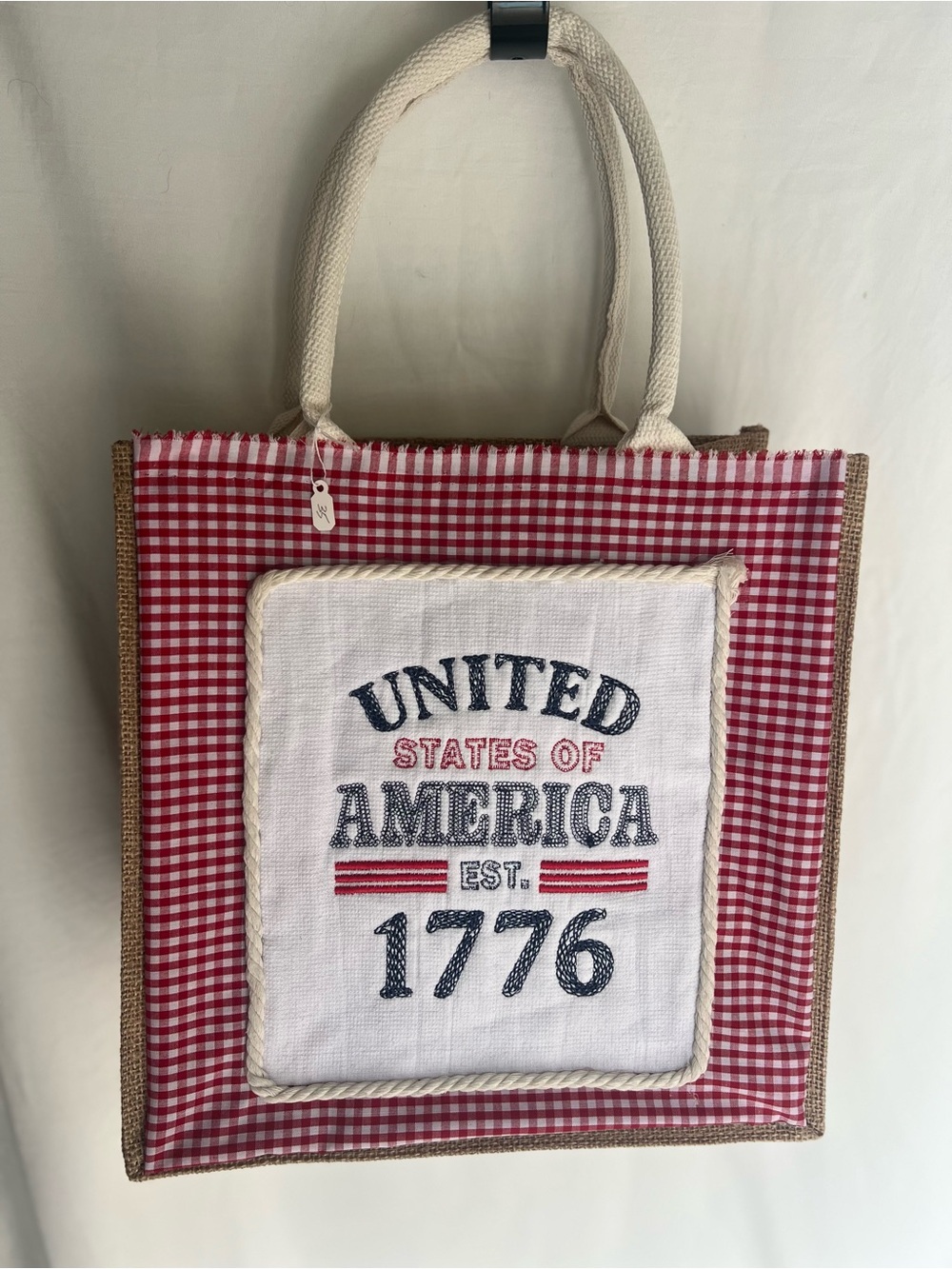 New Handcrafted: Red Gingham 'United States of America 1776' Tote Bag